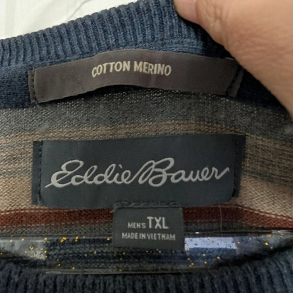Eddie Bauer Stripe Sweater Mens Size XL Tall Blue Cotton Merino Wool Long Sleeve - Picture 5 of 10